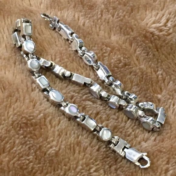 VINTAGE Mother of Pearl Sterling Silver Linked Bracelet - Picture 11 of 12